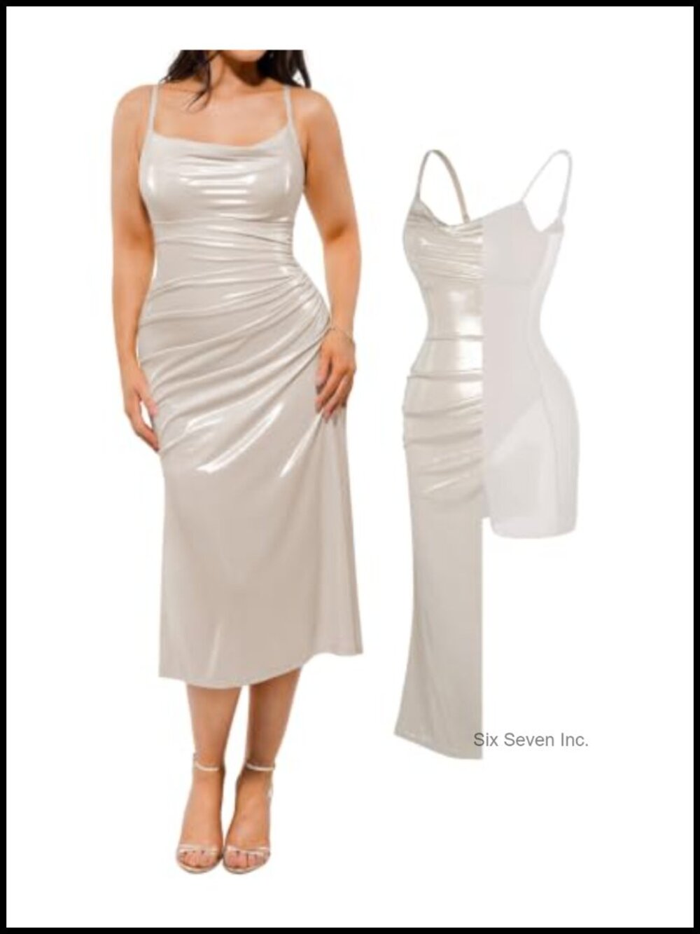 Formal Ruched Midi Dress Built-in Bra Shapewear Cowl Neck Sparkly Evening Gown
